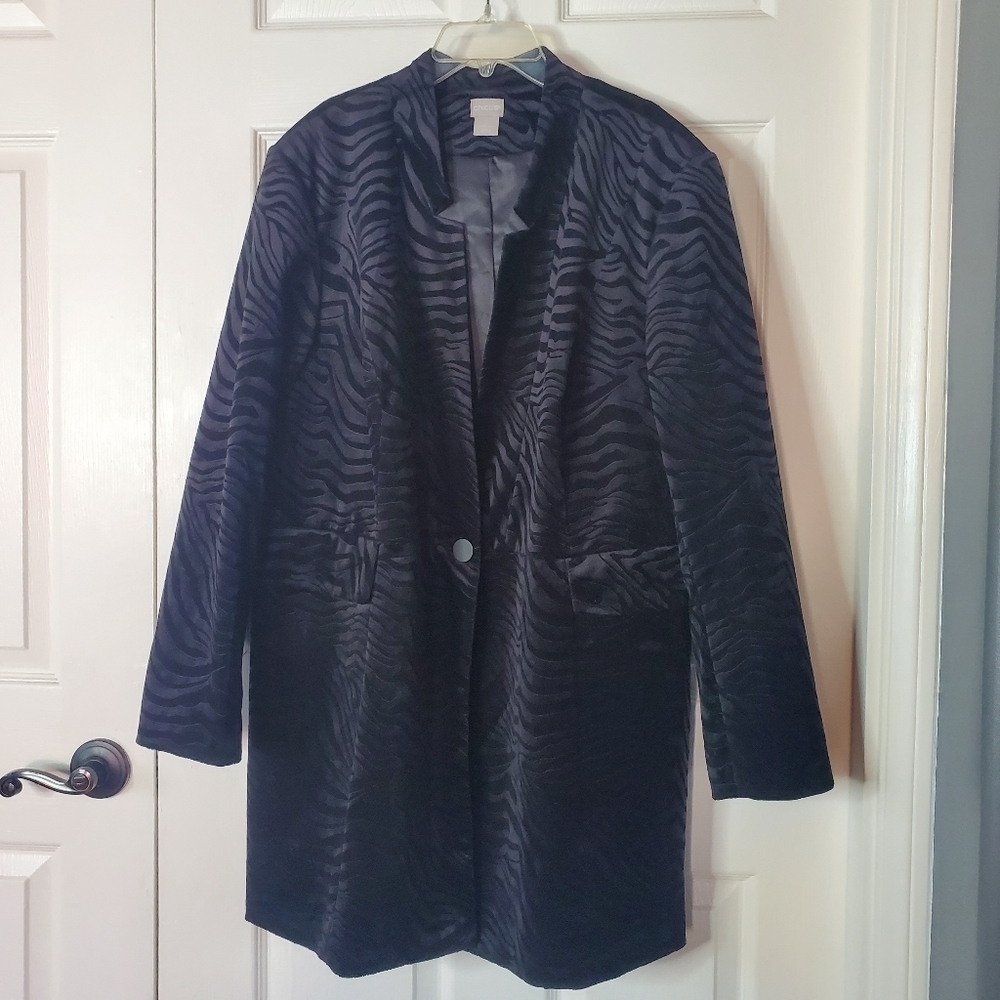 Chicos Long Velvet Blazer Coat Black Zebra Artsy Print Pockets Elegant Evening